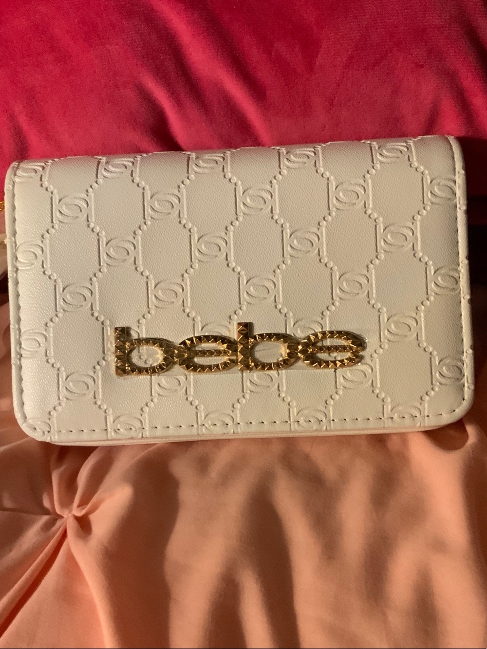 bebe White Quilted Crossbody Wallet with Gold Logo Accent